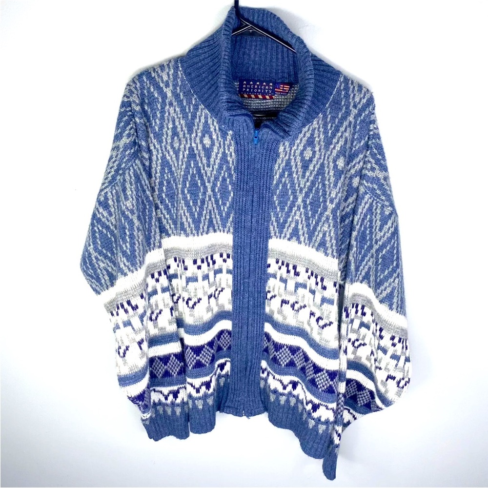 American Priority Cardigan Sweater Men’s  Large Blue White Full Zip USA Vintage